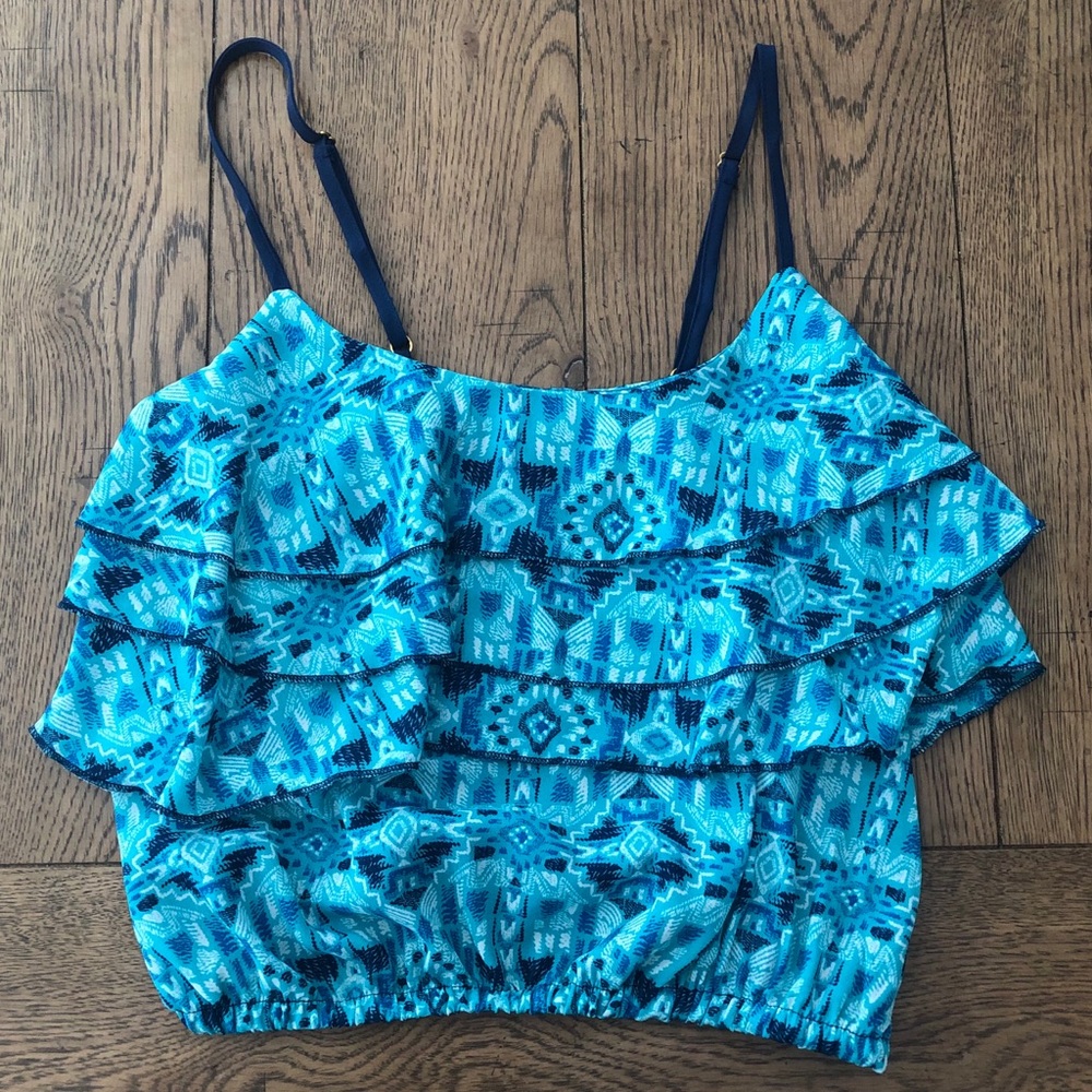 Blue tribal ruffled crop tank